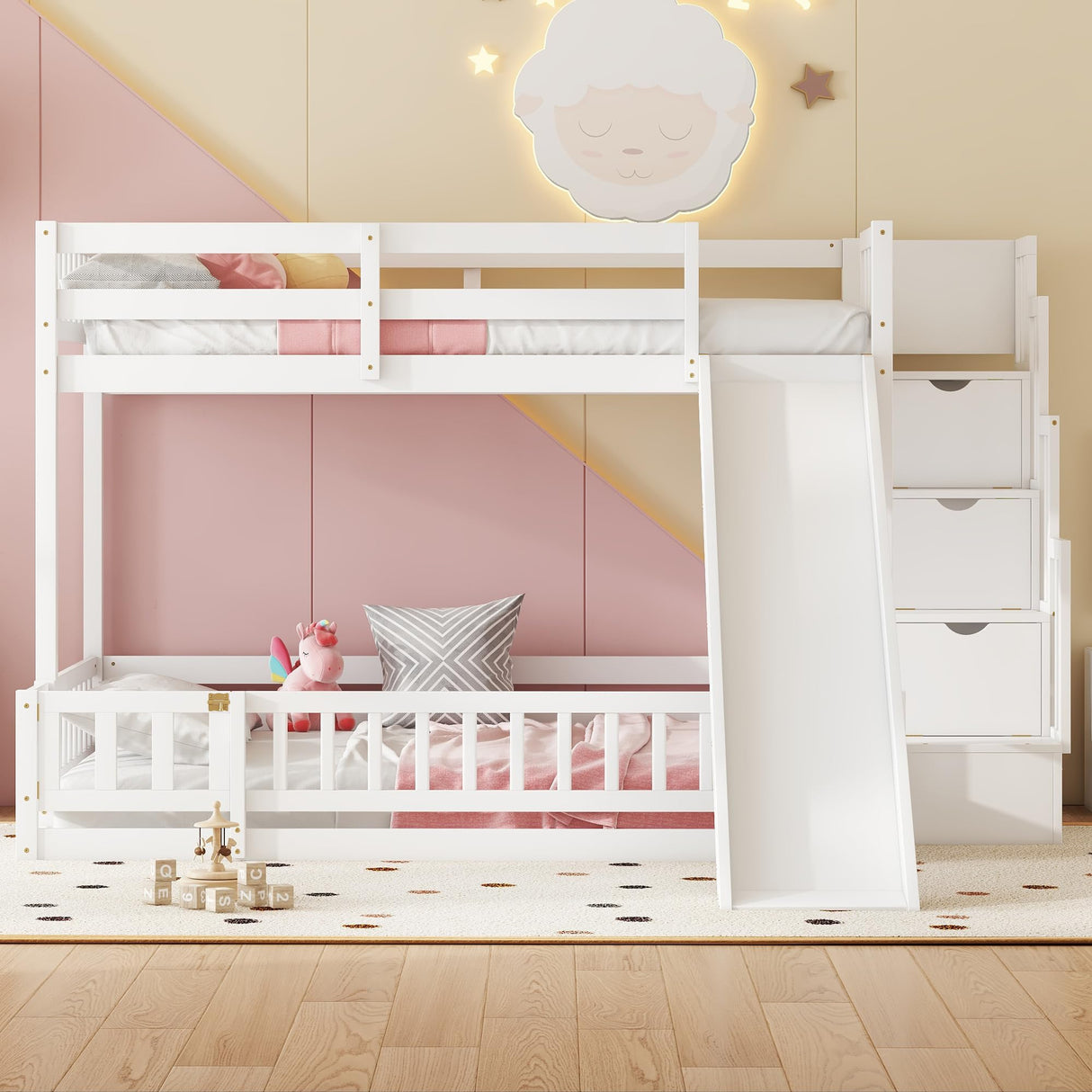 Twin Over Full Bunk Bed with Slide and Storage Staircase,Floor Bunk Beds,Kids Bunk Bed with Safety Guardrails,Low Bunk Bed for Girls Boys,White Bellemave