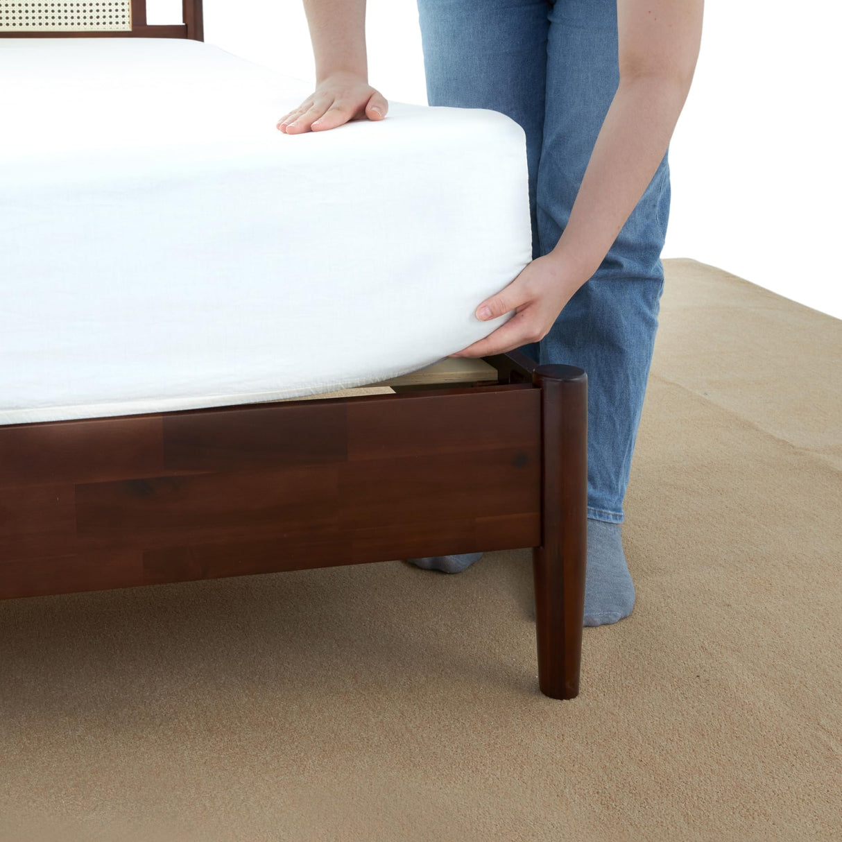 Bme Oliver King Bed Frame and Headboard - 15-Inch Signature Design with Rattan Headboard, Bohemian and Mid Century Style, 12-Slat Wood Support, No Box Spring Needed - Easy Assembly, Walnut Bme