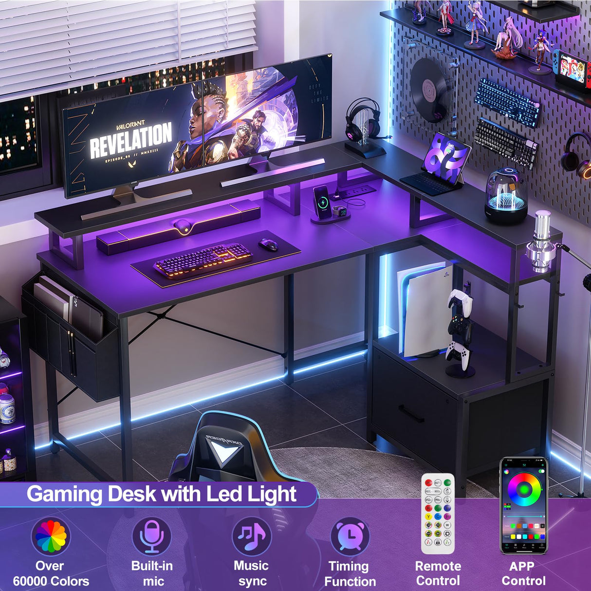 Homieasy Computer Desk with File Drawer Cabinet, L Shaped Office Desk with Printer Stand & Full Monitor Stand, 48 Inch Gaming Desk with Power Outlets Led Light Storage Bag Hanging Hooks, Black Homieasy