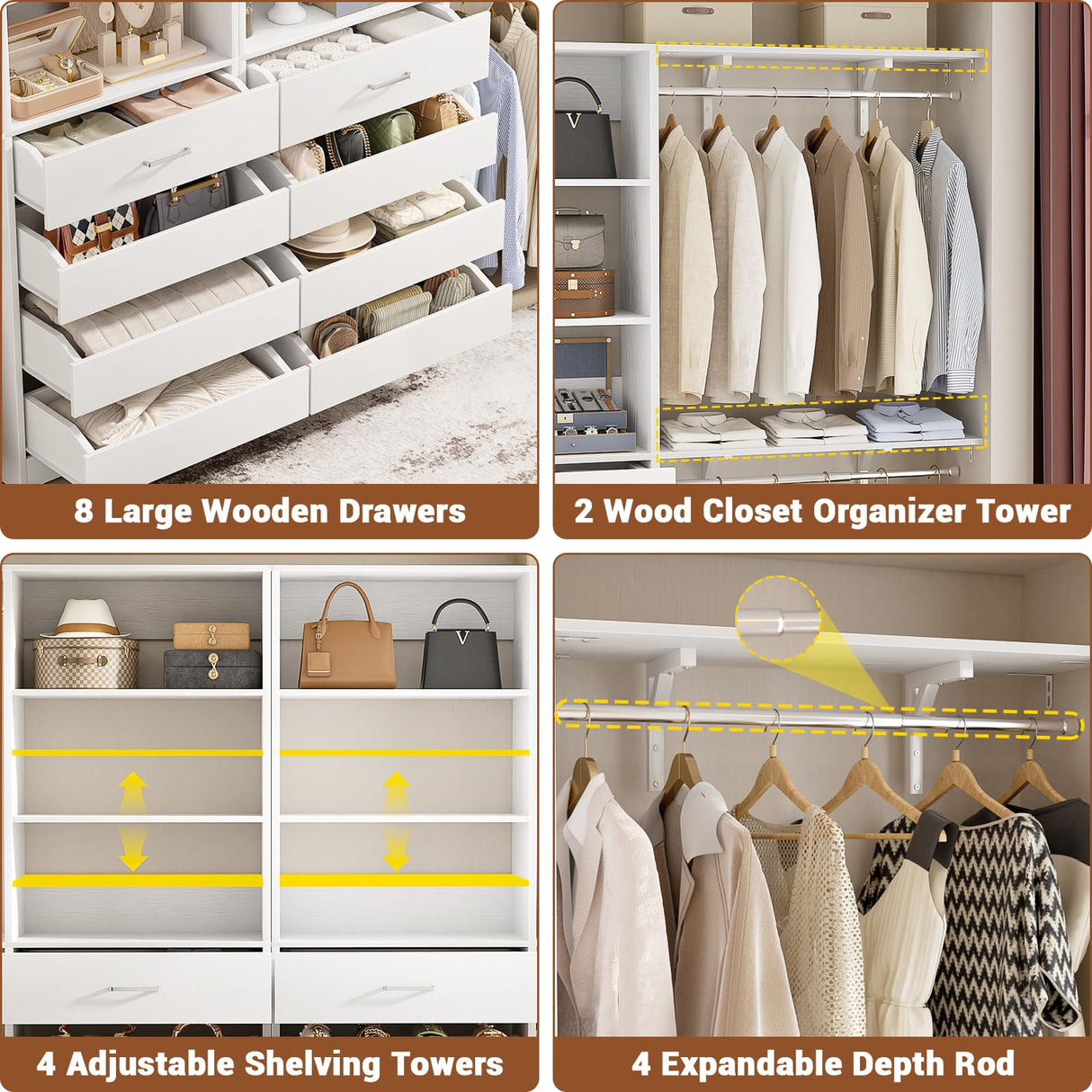 Aheaplus Closet System with 8 Wooden Drawers, Wood Closet Organizer System with Tower, Walk-in Closet Organizer Wardrobe Clothes Rack with 4 Hanging Rods, Garment Rack, Cut to Fit 7-12Ft, White Aheaplus