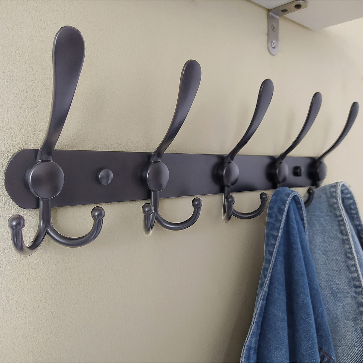 Dseap Coat Rack Wall Mounted - 5 Tri Hooks, Heavy Duty, Stainless Steel, Metal Coat Hook Rail for Coat Hat Towel Purse Robes Mudroom Bathroom Entryway (Black, 2 Packs) Dseap