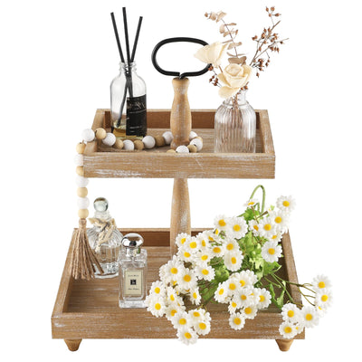 Tiered Tray Stand, Rustic Wooden 2 Tier Decorative Tray with Bead Garland, Farmhouse Square Wood Serving Tray Counter Centerpiece for Coffee Bar Home Decor Thanksgiving Housewarming Gifts (Brown)