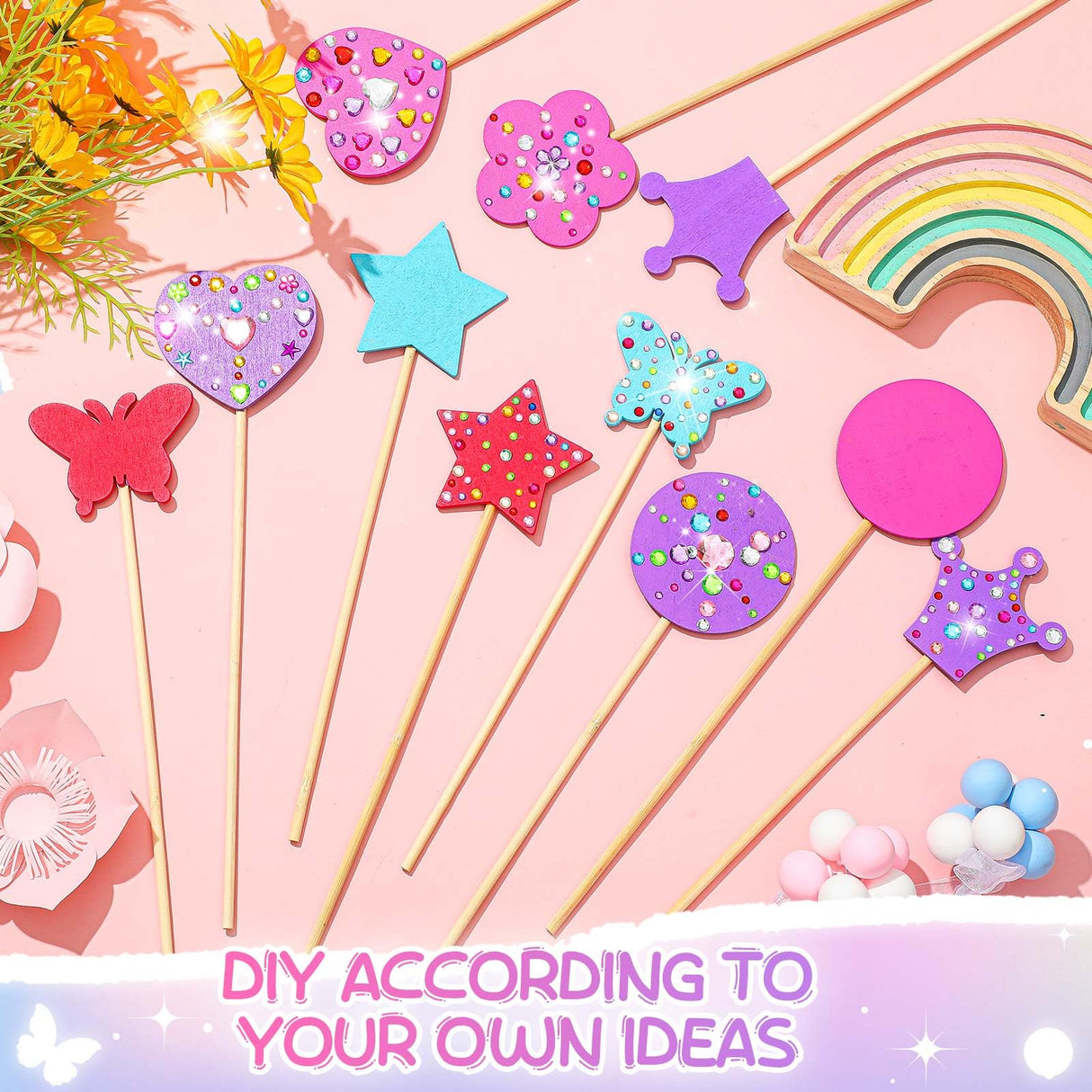Juexica 24 Pcs Princess Fairy Wand Kit Includes 24 Make Your Own Princess Accessories 6 Styles Unfinished Wooden Fairy Wand and 6 Gem Stickers for Girls DIY Magical Craft(Rose Red, Purple, Pink, Blue) Juexica