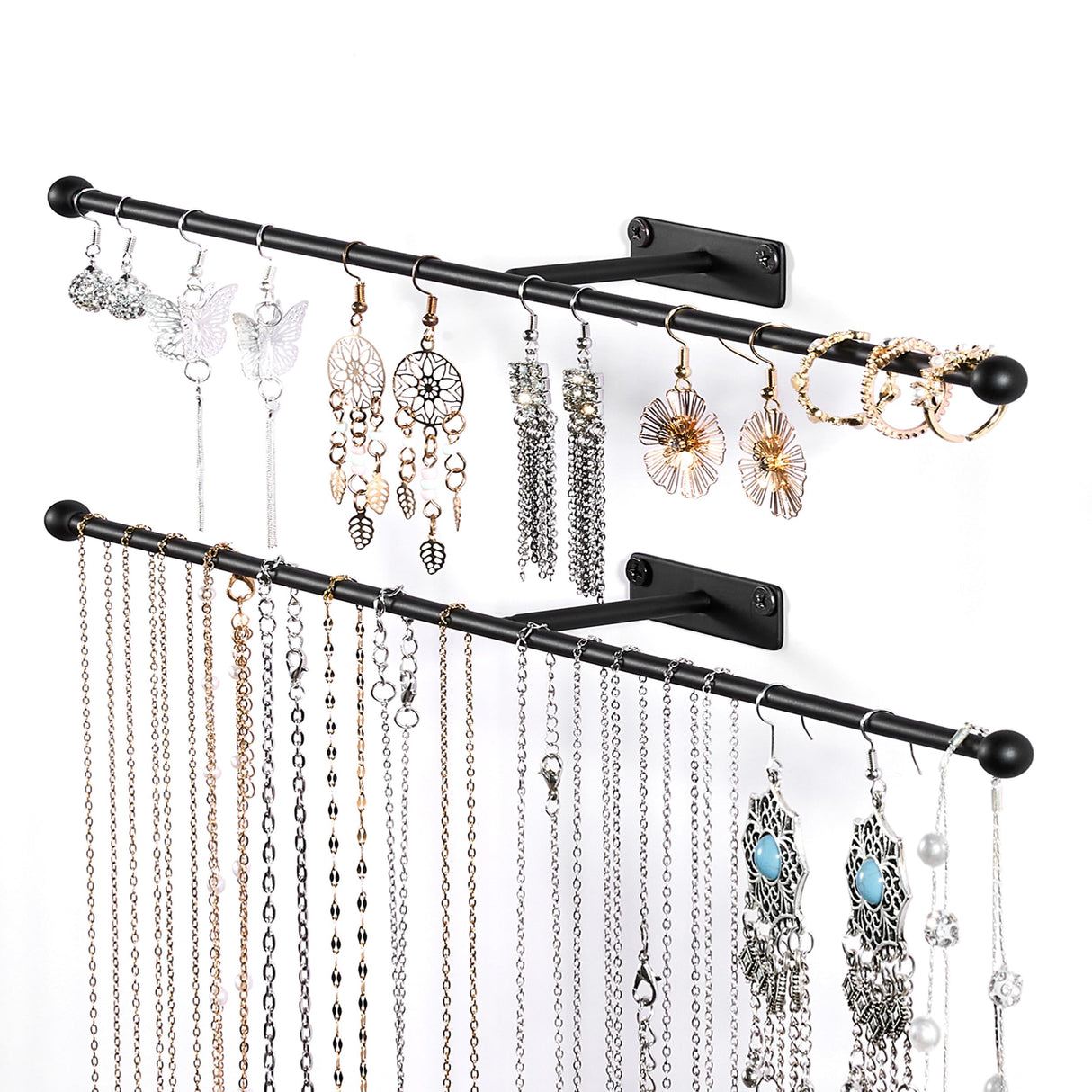 Josmimic Wall Hanging Jewelry Organizer: 12.6'' Necklace Holder for Earring, Bracelet, Rings, Hairband, Glasses, Black 2-Pack, Screws Included Josmimic