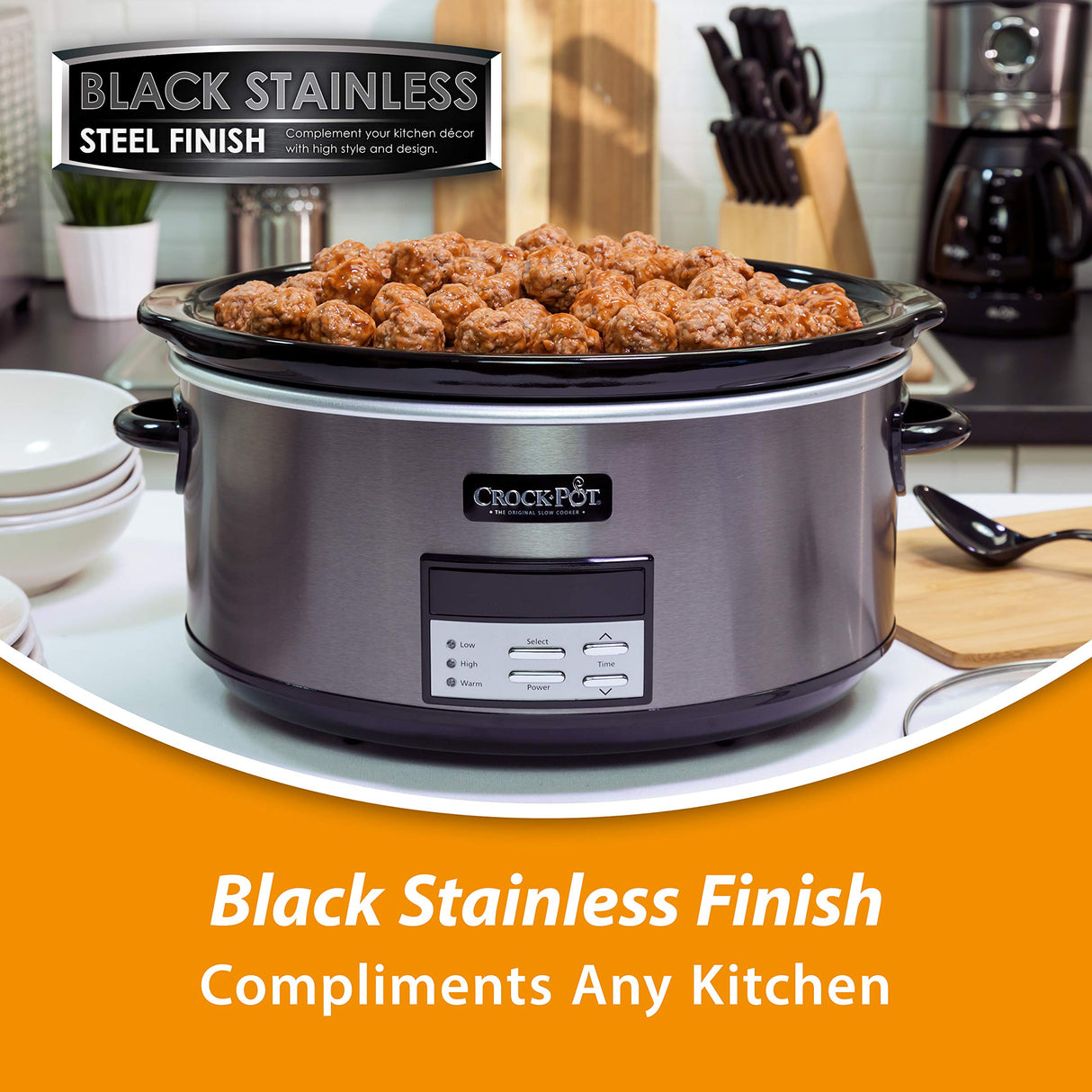 Crock-Pot Large 8-Quart Programmable Slow Cooker with Auto Warm Setting, Black Stainless Steel (Pack of 1) Crock-Pot