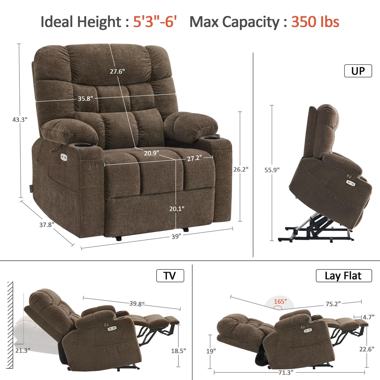 MCombo Dual Motor Power Lift Recliner Chair with Massage and Dual Heating for Elderly, Lay-Flat for Sleeping, Extra Wide for Big and Tall, Fabric R7070 (Coffee) MCombo
