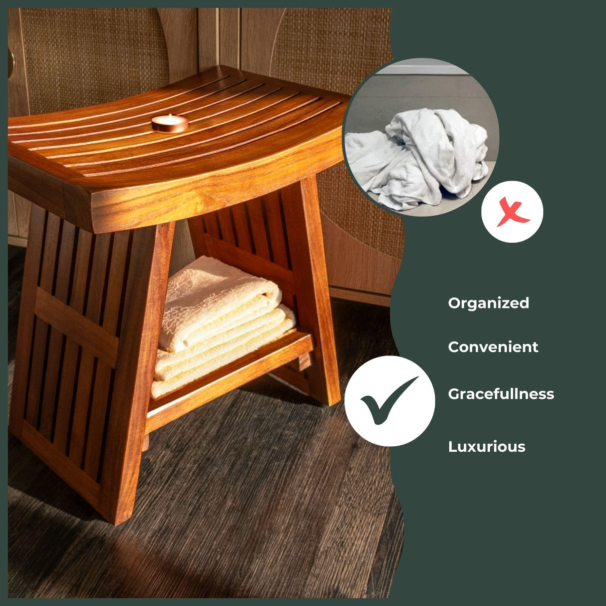 Curved & Durable Teak Shower Bench That Doubles As Teak Shower Stool & Teak Shower Seat. A Great Shower Chair for Inside Shower - Fully Assembled - 18inches - Mikha The Teaky Hut