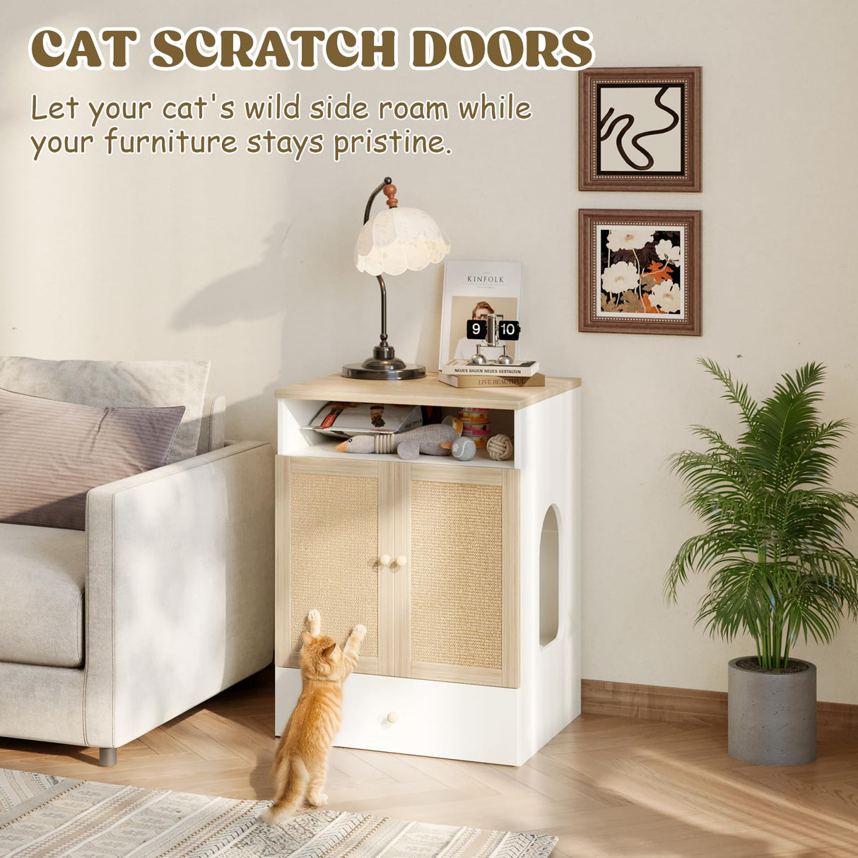 Cat Litter Box Enclosure Furniture Hidden - Indoor 3-in-1 Wooden Cat House & Washroom Cabinet with Scratching Board Doors, Shelf and Feeder Bowls, 23.6”x17.7”x32.7”H Faceket