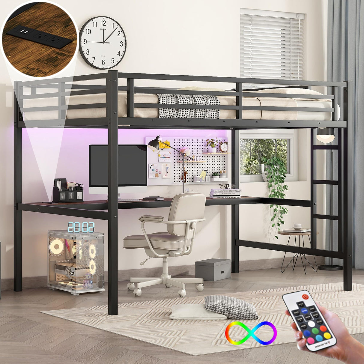 Bellemave Full Loft Bed with Desk, Metal Full Loft Bed Frame with guardrail and Ladder for Adults, Kids, Teens, Black Bellemave