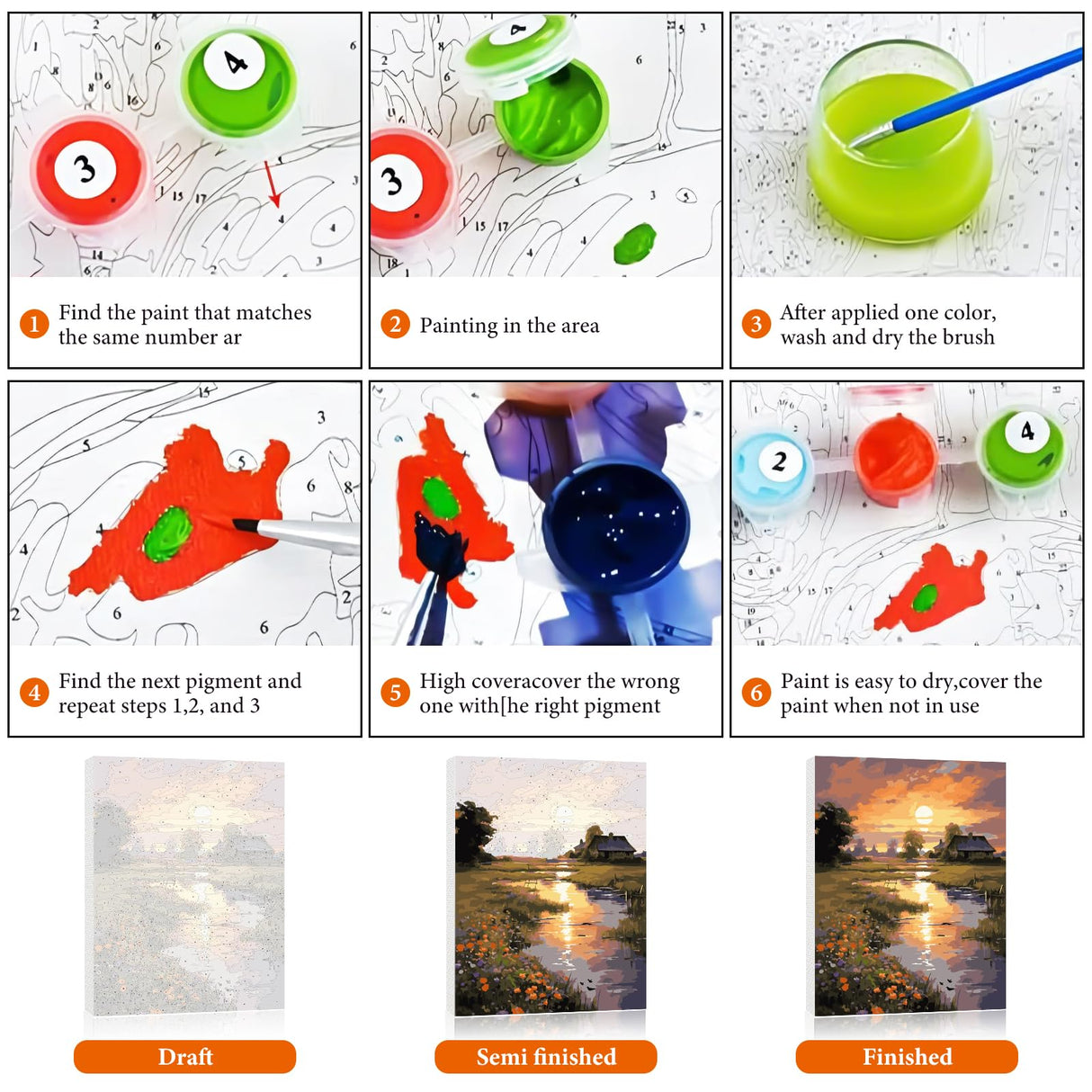 Framed Paint by Numbers Kit for Adults Beginner, Countryside Sunset Adult Paint by Number Kits on Canvas, Riverside Cabin Oil Painting by Numbers for Home Decor Gift 16” W x 20”L Fountor