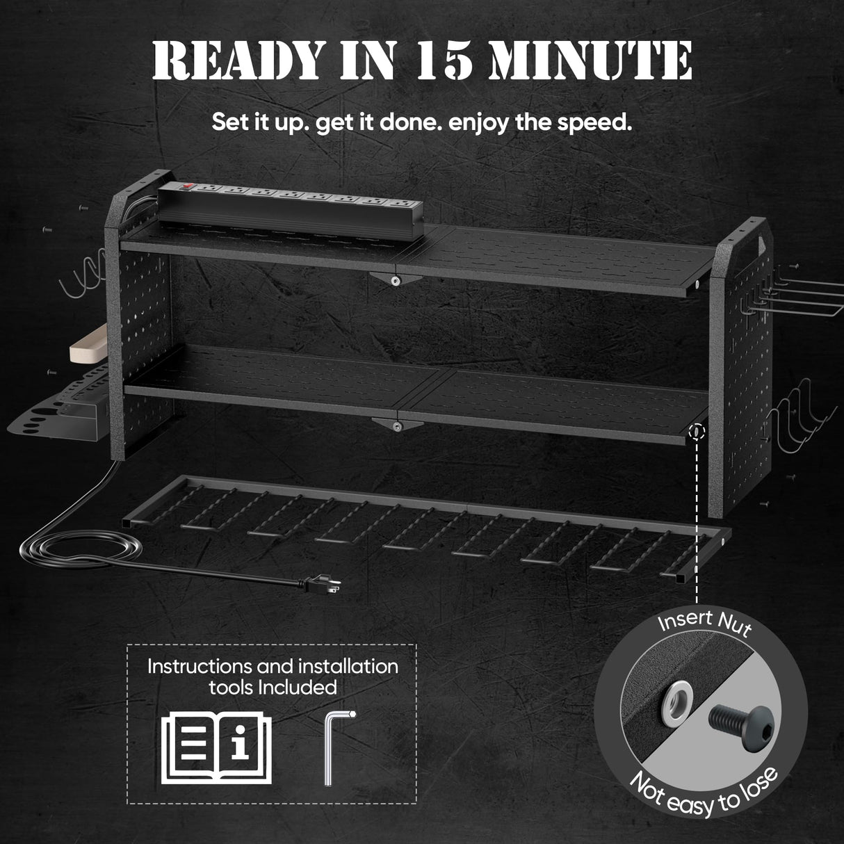 Power Tool Organizer with Charging Station Wall Mount, Built in 8 Outlet Surge Protection Power Strip, Drill Holder Wall Mount, Heavy Duty Metal Power Tool Storage Rack for Garage Organization Black Nacial