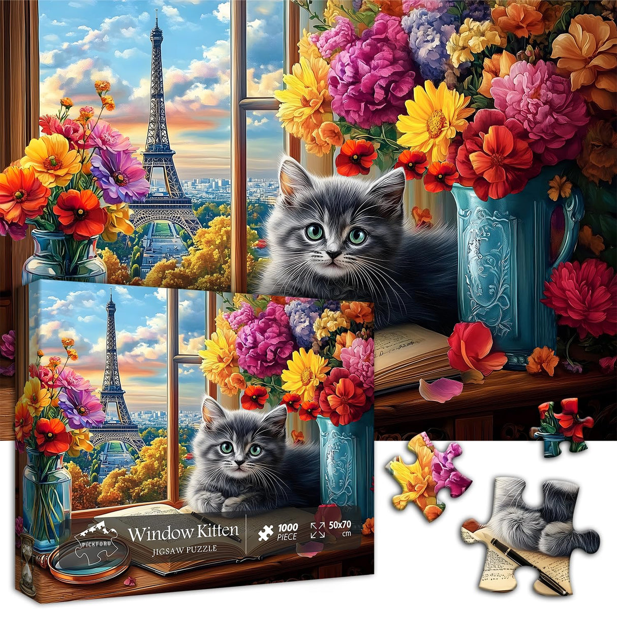 PICKFORU Cat Puzzles for Adults 1000 Pieces, Kitty Flower Book Puzzle,Eiffel Tower Kitten Jigsaw Puzzle Scenic, Animals Floral Jigsaw Puzzles for Adults PICKFORU