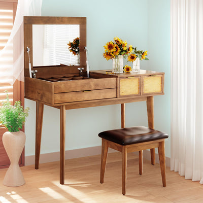 HMYFGD 43" Wood Makeup Vanity Desk with Flip-top Mirror and 3 Drawers, Vanity Dressing Table Set with Storage Space and Cushioned Stool, Vanity Makeup Desk Set for Bedroom (Brown, 43.3 inch)