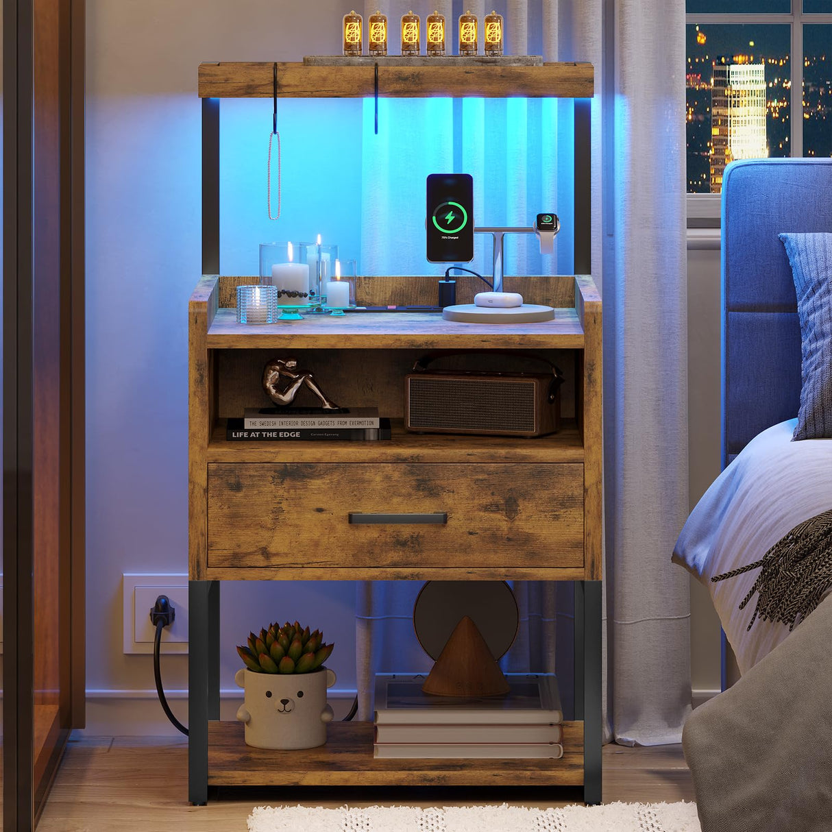 VIAGDO Rustic Brown Nightstands Set of 2 with Charging Station and LED Lights, LED Night Stand Set 2 with Drawer, Rustic End Side Table with Open Storage Shelves, Bedside Tables for Bedroom, Office VIAGDO