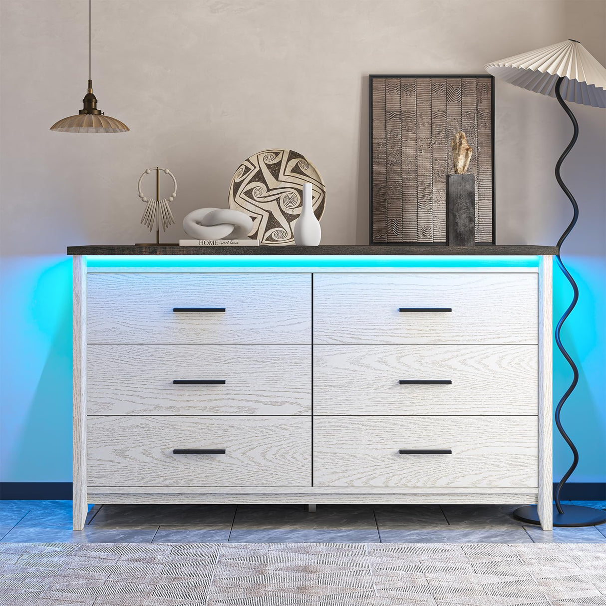 TVU Farmhouse 6 Drawers Wood Dresser with LED, Storage Dresser for Bedroom, Wide Chest of Drawer with Metal Handles TVU