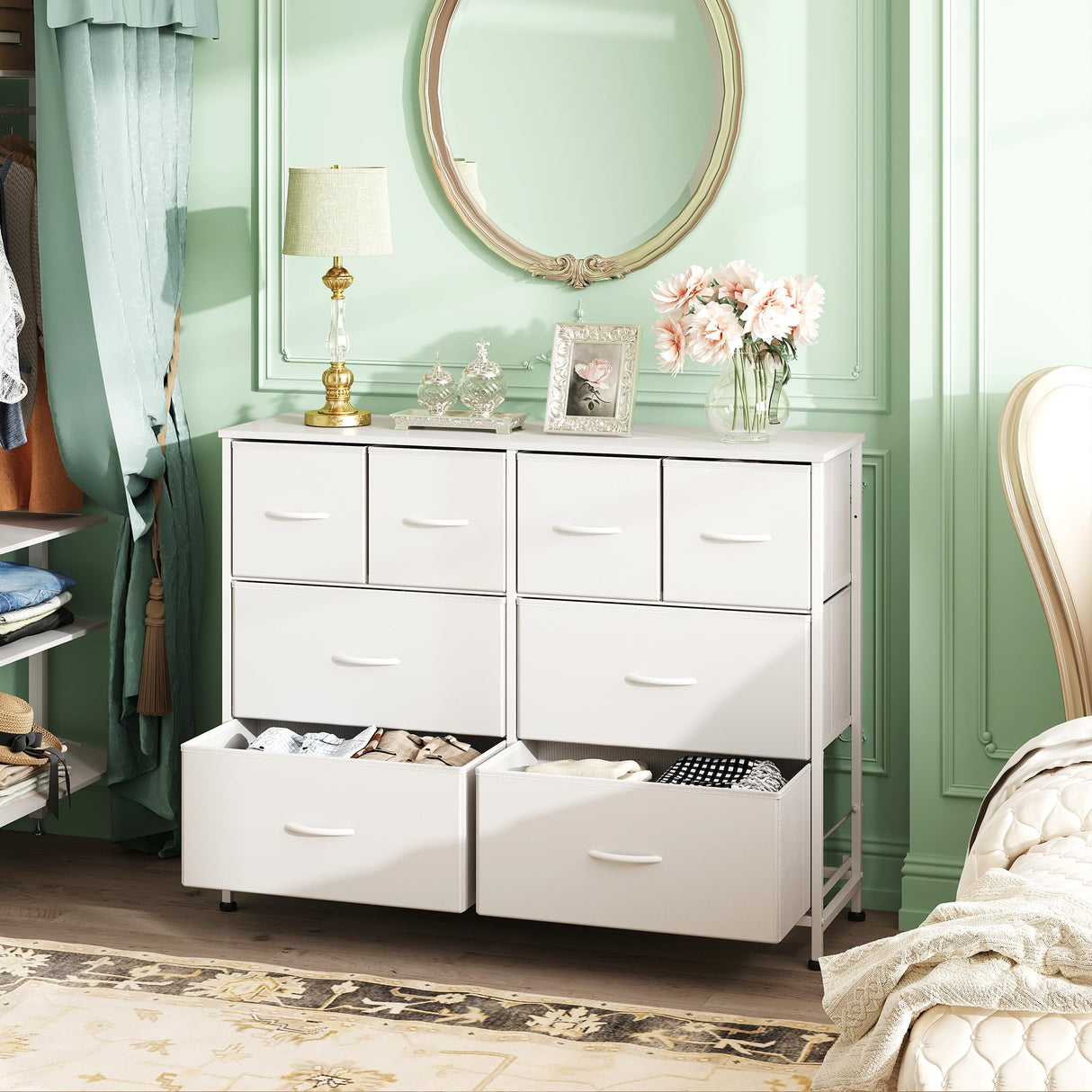 WLIVE Dresser for Bedroom with 8 Drawers, Wide Fabric Dresser for Storage and Organization, Bedroom Dresser, Chest of Drawers for Living Room, Closet, Hallway, White WLIVE