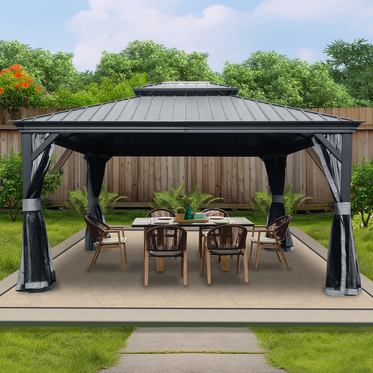 Kozyard Alexander 12' X 14' Hardtop Gazebo, Aluminum Metal Gazebo with Galvanized Steel Double Roof Canopy, Curtain and Netting, Permanent Gazebo Pavilion for Patio, Backyard, Deck, Lawn (Gray) Kozyard