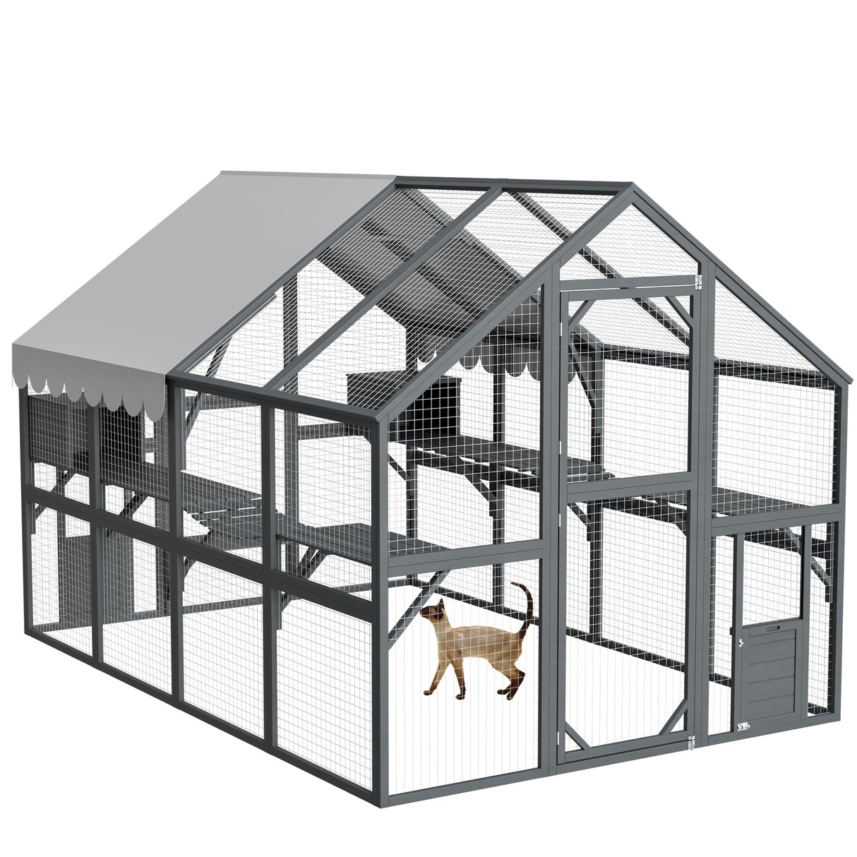 ZMAD Large Outdoor Cat House,56 ft² Luxury Wooden Run Enclosure Walk in Cat Catio Kitten Condo with 2 Cats Doors, 2 Playpen & Hiding Houses, Bridges, Walks, Roof Cover, Grey (Grey, 110 in) ZMAD