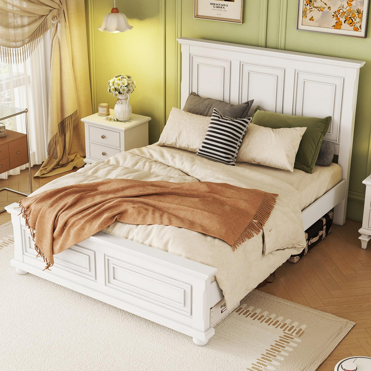 MoproBeti Farmhouse King Bed Frame with Tall Headboard and Footboard, Pinewood King Panel Bed with Under Bed Storage, Noise-Free, No Box Spring Needed, Traditional Style, White MoproBeti