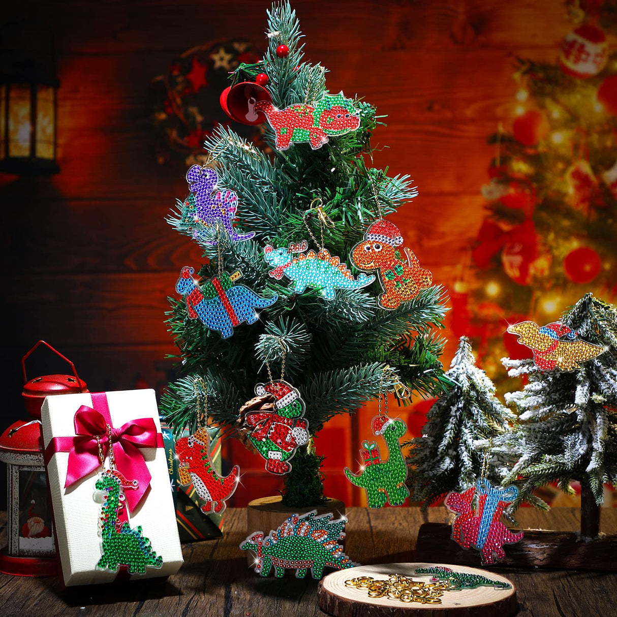 20 Pcs Christmas Dinosaur Diamond Art Keychains Diamond Painting Keychains 5D DIY Diamond Art Kits Dinosaur Gem Diamond Keychains Diamond Key Rings for Adults Beginners Holiday Craft Decoration Tudomro