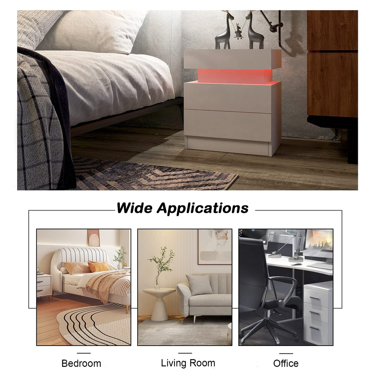 Yoluckea LED Nightstand for Bedroom, Modern High Gloss Wood 2 Drawers White Nightstand Bedside Table End Table with Flip Top Hidden Storage Compartment for Bedroom Living Room Yoluckea