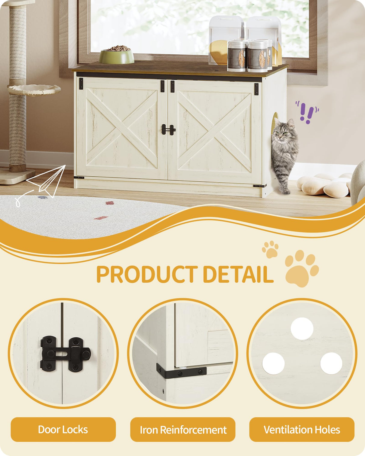 Hzuaneri Cat Litter Box Enclosure with Cushion, Hidden Litter Box Furniture with Removable Dividers, Reversible Entrance Left or Right Side,Cat House, Rustic White and Brown CB84714X Hzuaneri