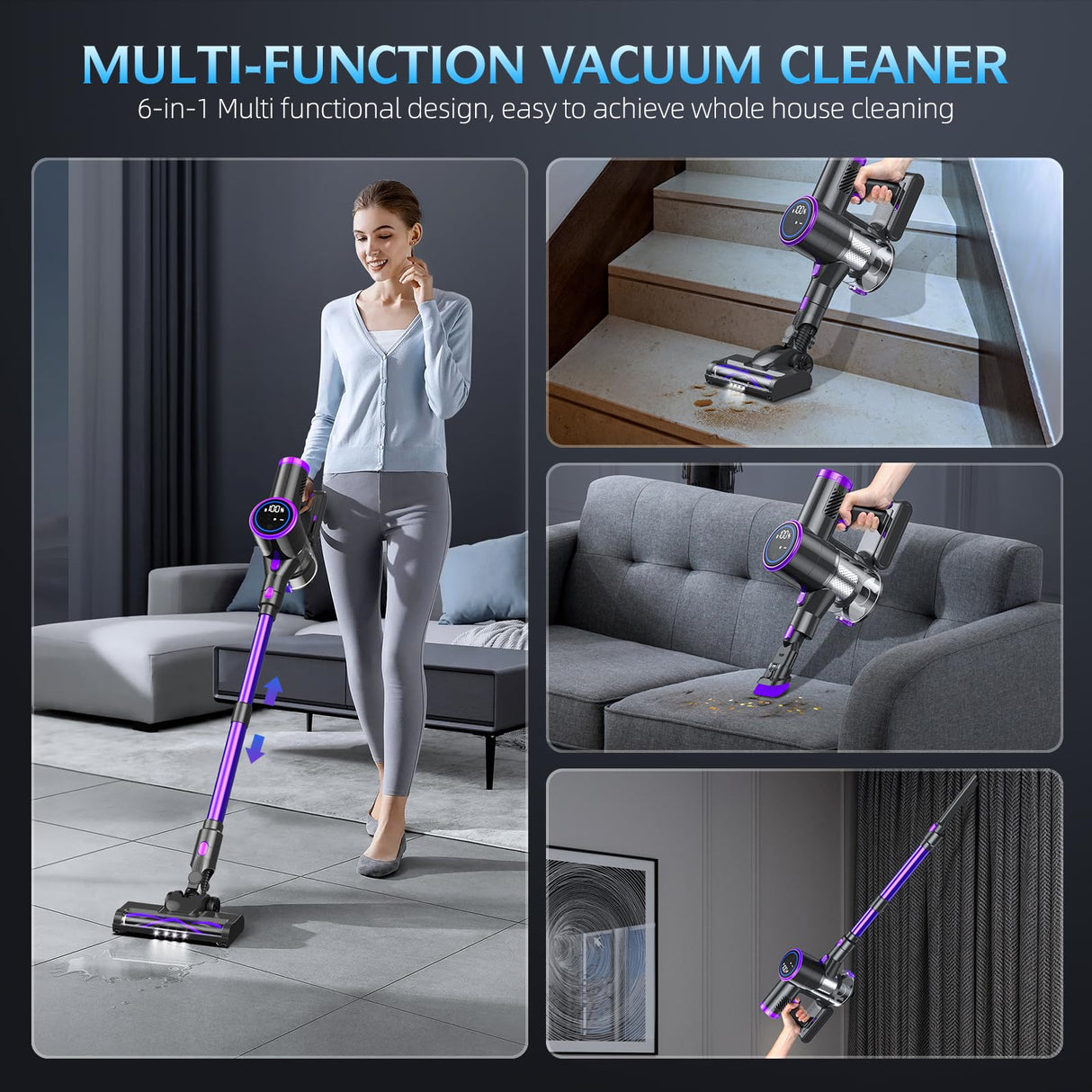 Cordless Vacuum Cleaner, 20KPA Stick Vacuum with LED Display, 2 Modes 6 in 1 Lightweight Cordless Stick Vacuum Cleaner with 40Min Detachable Battery Vacuum Cleaner for Home Hard Floor Car Carpet Bieiao