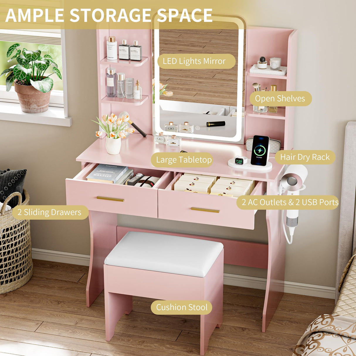 Vanity Desk with LED Lights Mirror & Power Outlet, Small Makeup Vanity Table Set with Storage Drawers & Chair, 3 Lighting Modes & Adjustable Brightness, Dressing Table for Women Girls Bedroom, Pink Xixini