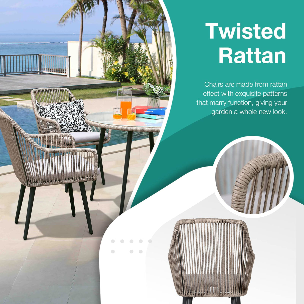 Patiorama 5-Piece Patio Dining Set, Outdoor Dining Table Chair Set, All-Weather Twisted Rattan Wicker Rope Conversation Set, Patio Furniture Set w/Umbrella Hole, 4 Cushioned Chairs&Glass Table(Tan) Patiorama