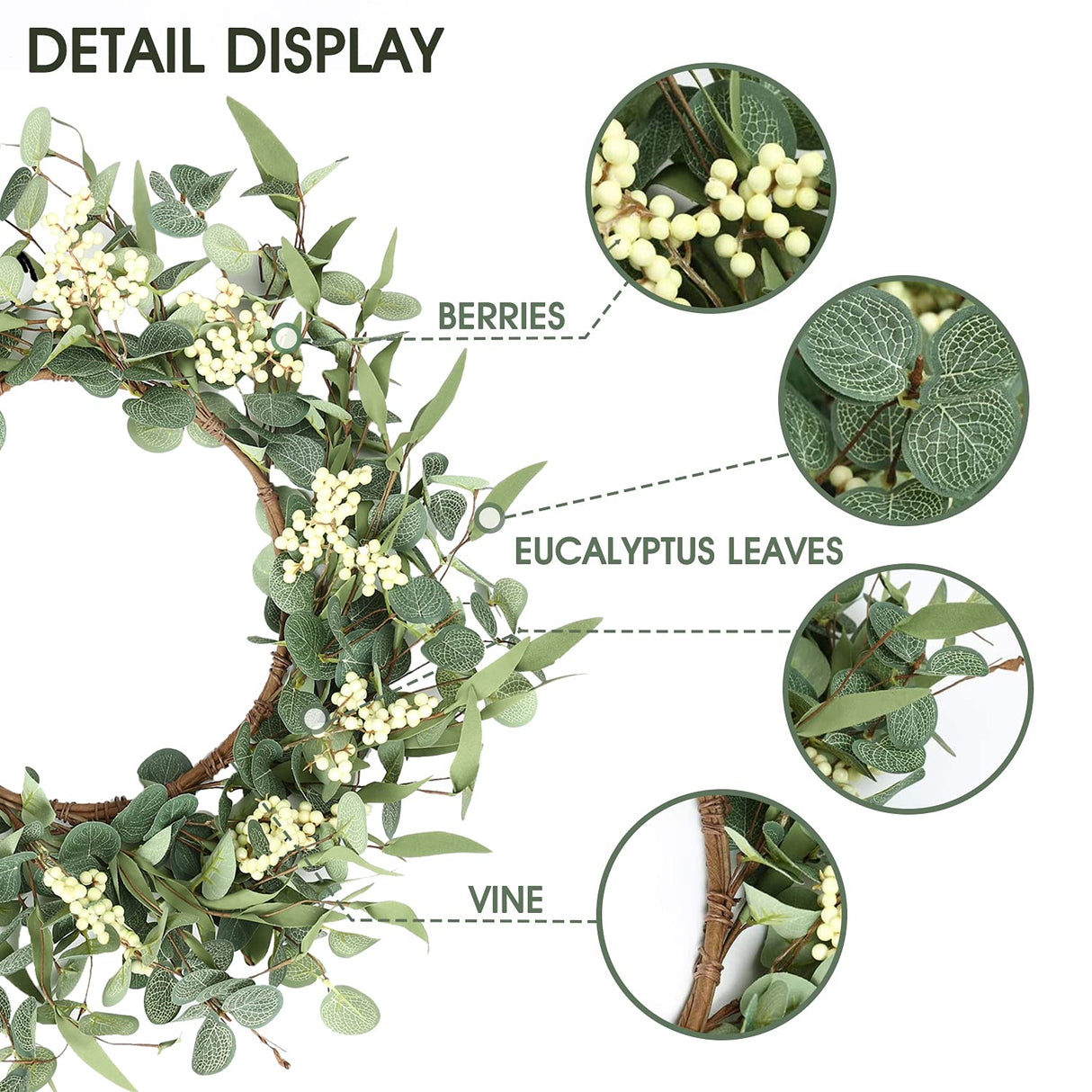 Pinkpum 20'' Eucalyptus Wreath for Front Door, Porch, Window - Green Decor for Home, Farmhouse - Spring, Summer, Fall, All Seasons Pinkpum