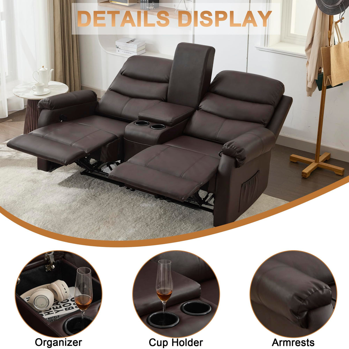 URRED Loveseat Recliner Sofa for Living Room, Oversized Manual Reclining Loveseat Sofa RV Couch with Console, Cup Holders, Lumbar Pillow, Hidden Storage, Faux Leather, Dark Brown URRED