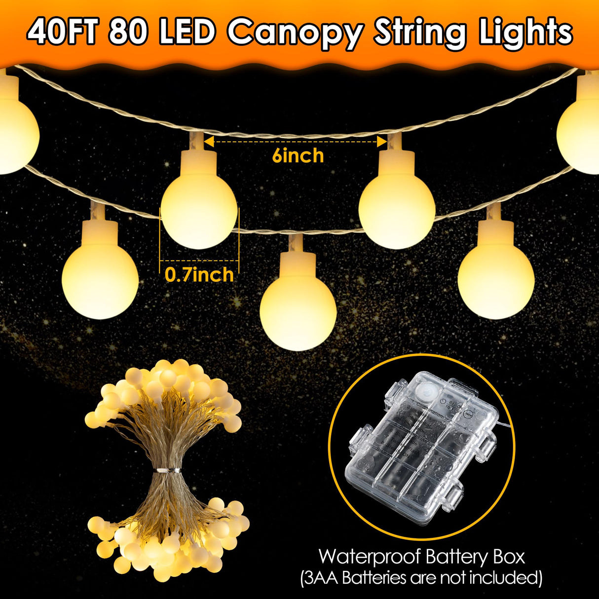 ElectricWise 1 Pack LED Canopy Lights, 40ft 80LED Battery Powered Canopy Tent Lights Outdoor with 8 Modes, Warm White Canopy String Light for 10' x 10' Pop up Canopy Tent ElectricWise