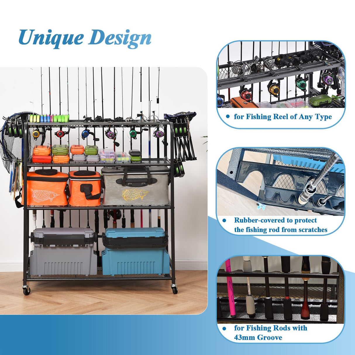 Bknius Fishing Rod Holder for Garage for 15 Rods, Fishing Pole Holders for Fishing Gear Storage Organizer, Fish Rod Rack Basement, Metal Black with Big Wheels, 4-Tier Bknius