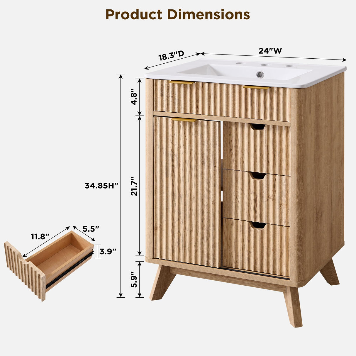 T4TREAM 24" Fluted Bathroom Vanity with Ceramic Sink Combo,Freestanding Small Modern Bathroom Storage Vanity Cabinet with Sliding Door & 3 Drawer,Wood Grain Texture,Metal Handle,Natural Oak T4TREAM