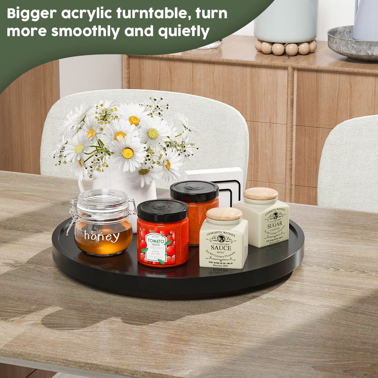 Lazy Susan Organizer, 13.2 Inch Non-Skid Bamboo Lazy Susan for Kitchen Table cabinets Closets and Kitchen Islands, Wood Turntable for Kitchen Countertop Organizer Black VeyFey