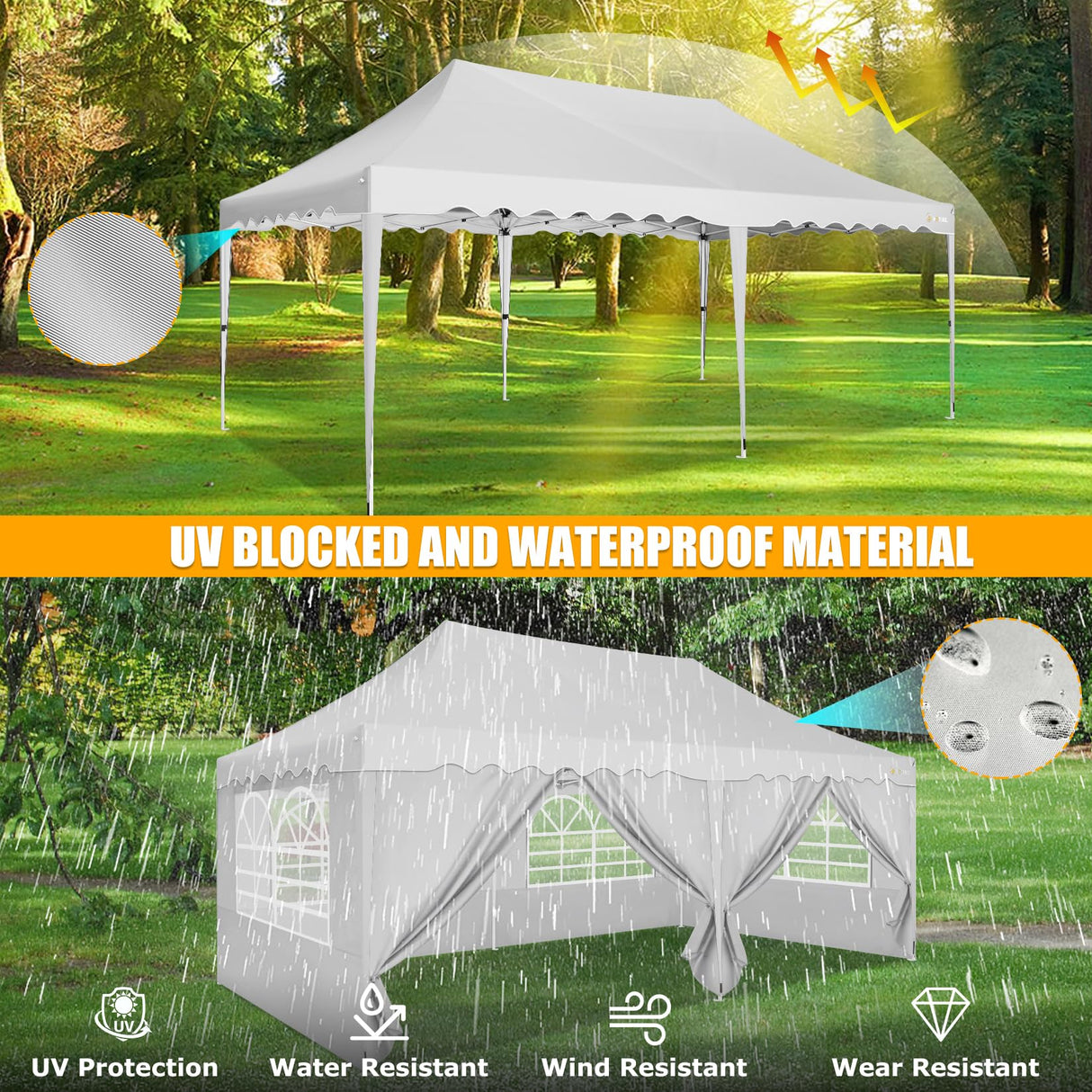HOTEEL 10x20 Pop Up Canopy Tent for Parties, Waterproof Easy Setup Canopy Tent 10x20 with 6 Sidewalls, 4 Sandbags, Wheeled Bag, Outdoor Sunproof 10x20 Canopy for Backyard, Wedding, Event, Patio, White Hoteel