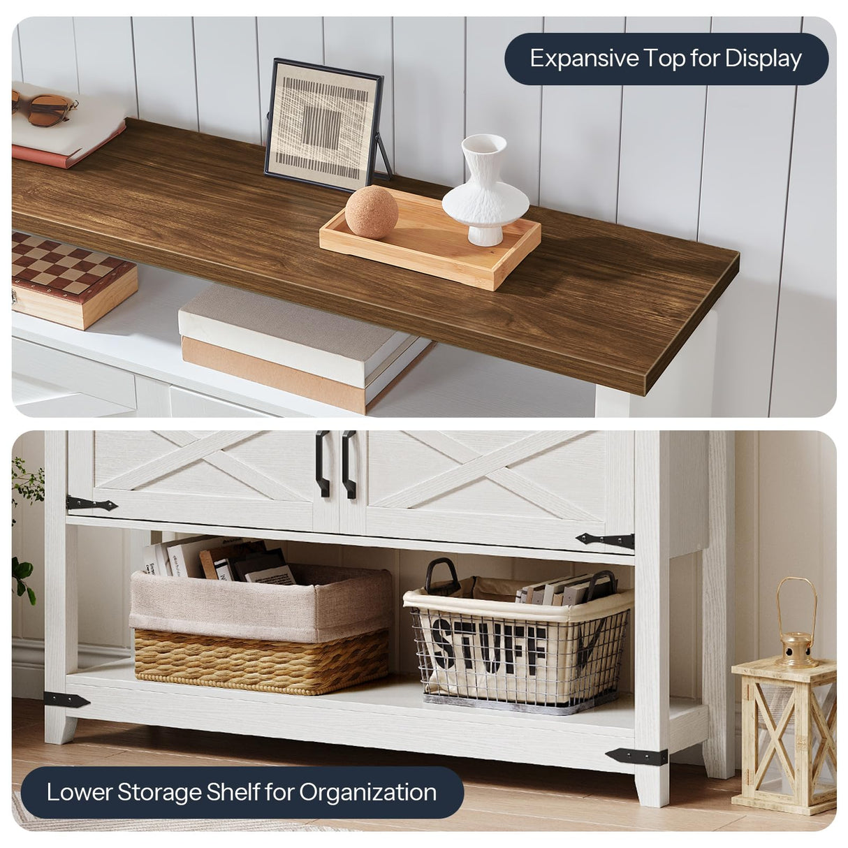 HOOBRO Farmhouse Entryway Table with Storage, 47.2" Long Console Table for Entryway, White Sofa Table with Doors and Cabinets, Narrow Sofa Table Behind Couch, for Hallway, Foyer, White and Walnut HOOBRO