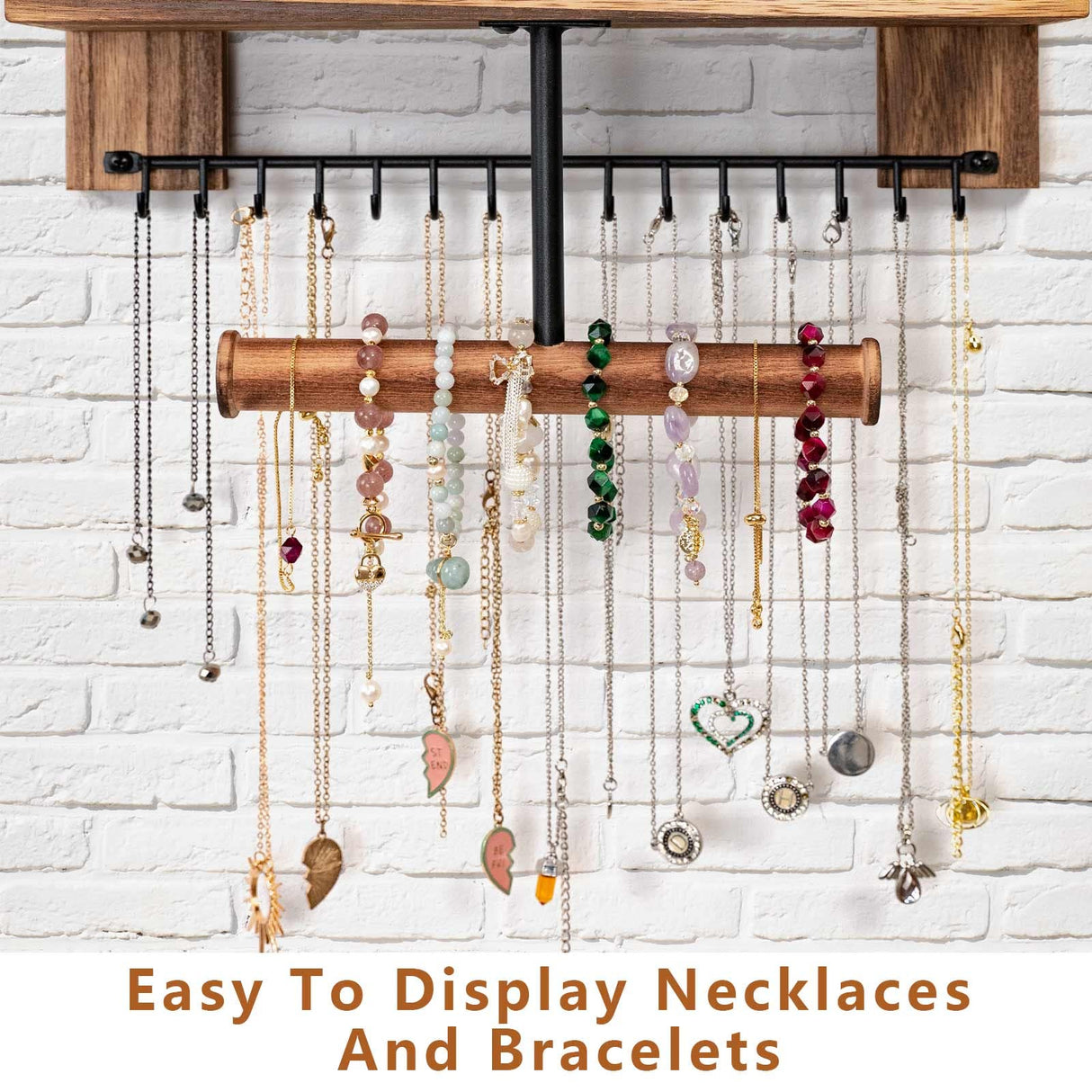 Pinzoveco Hanging Jewelry Organizer Wall Mounted With Wall Jewelry Organizer Holder For Necklaces Bracelet Earrings Ring (Rustic Wood) Pinzoveco