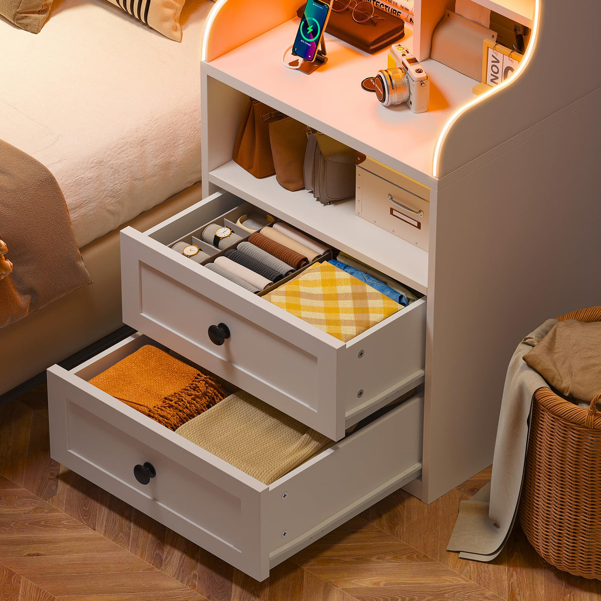 EnHomee Tall LED Nightstands Set of 2 with Charging Station and 2 Drawers in White EnHomee