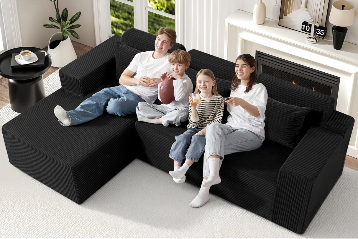 Modular Sectional Couches for Living Room,105" Cloud Couch with L-Shape Chaise,Comfy Sofa Living Room Sofas with Deep Seat,No Assembly L Couch,Corduroy Fabric(Black,L) Homguava