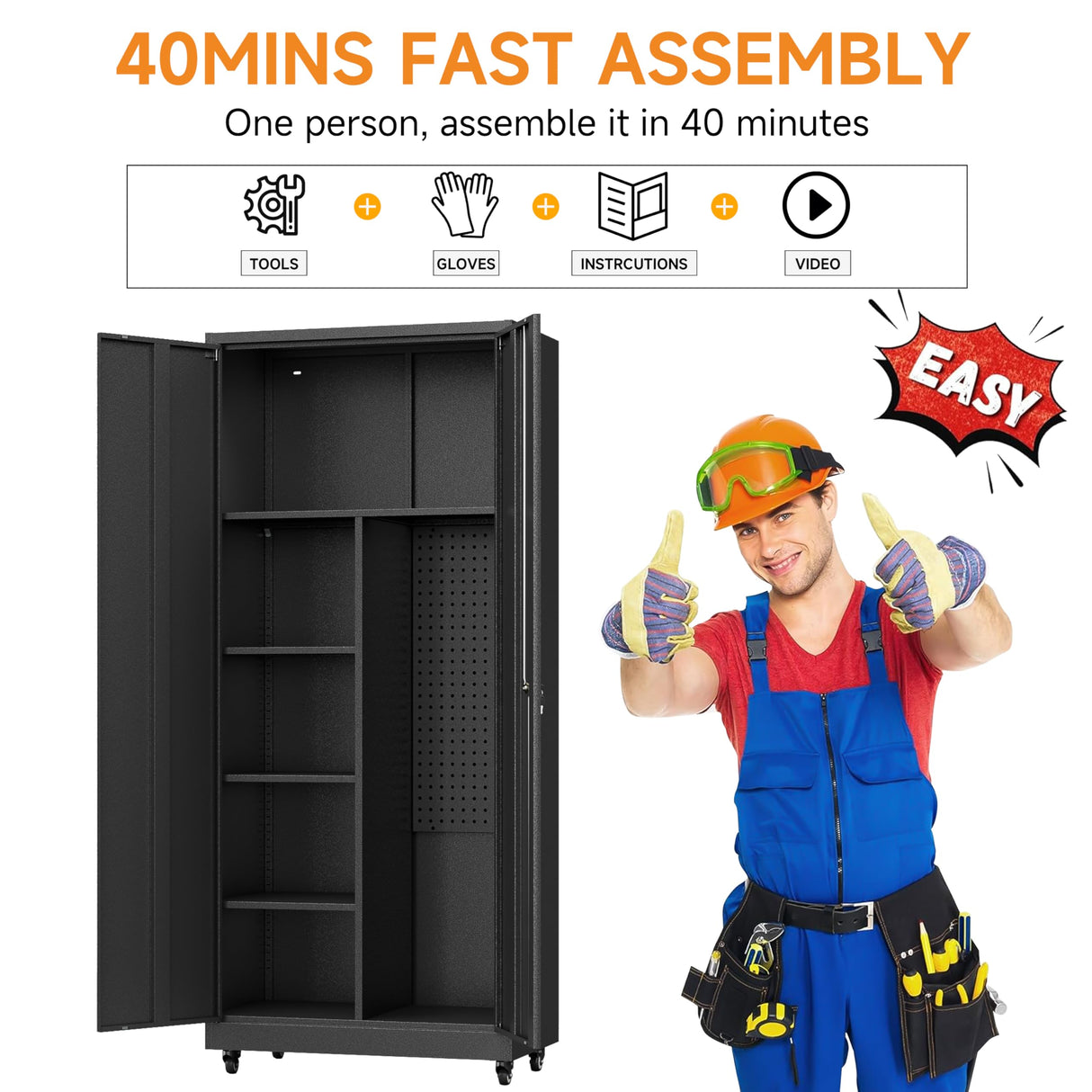 Firstsky Metal Garage Storage Cabinet with 2 Doors, Adjustable Rolling Tool Storage Cabinet with Lock, 71" Steel Locking Tool Cabinet with Wheels and Shelves for Garage, Warehouse(Black, 71" H) Firstsky