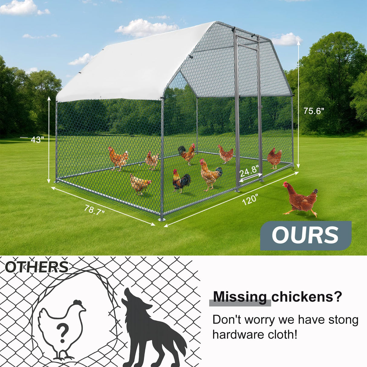 VINGLI Large Chicken Coop, Metal Poultry Cage for Chicken Run, Walk-in Flat-roof Chicken Pen with Waterproof & Anti-UV Cover Outdoor (6.5×9.8×6.5 ft) VINGLI