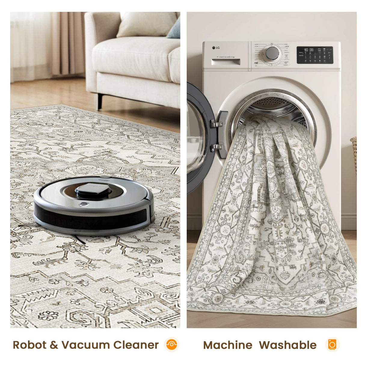 Area Rugs for Living Rooms - 6x9, Boho Non-Slip Low Pile Carpet Machine Washable Rugs for Bedroom, Farmhouse, Office, Dining Room (Beige) befbee