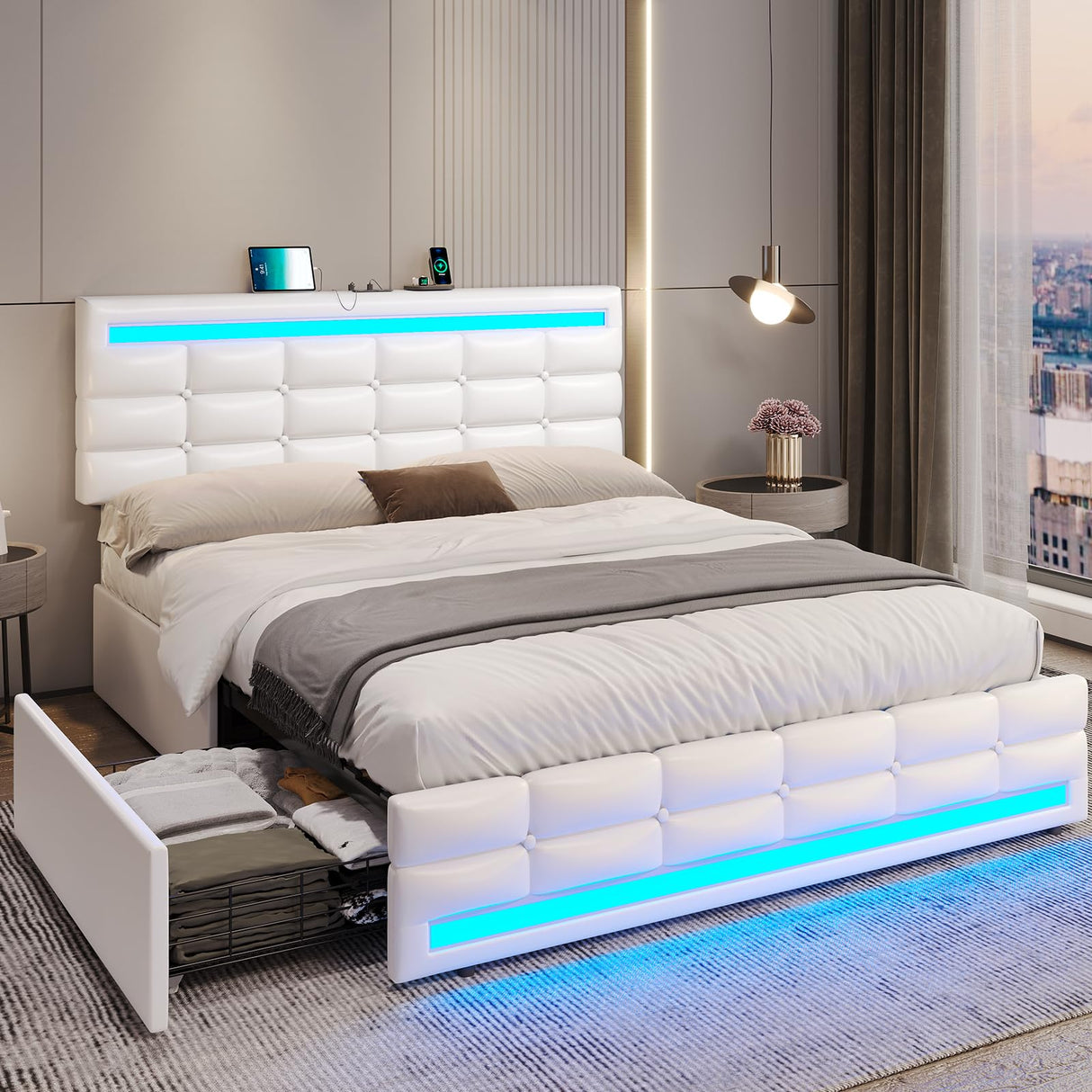 ADORNEVE Full Size LED Bed Frame with 4 Storage Drawers, Pu Leather Upholstered Platform Bed Full with Charging Station & LED Lights, Square Stitched Button Tufted Design, No Box Spring Needed, White ADORNEVE