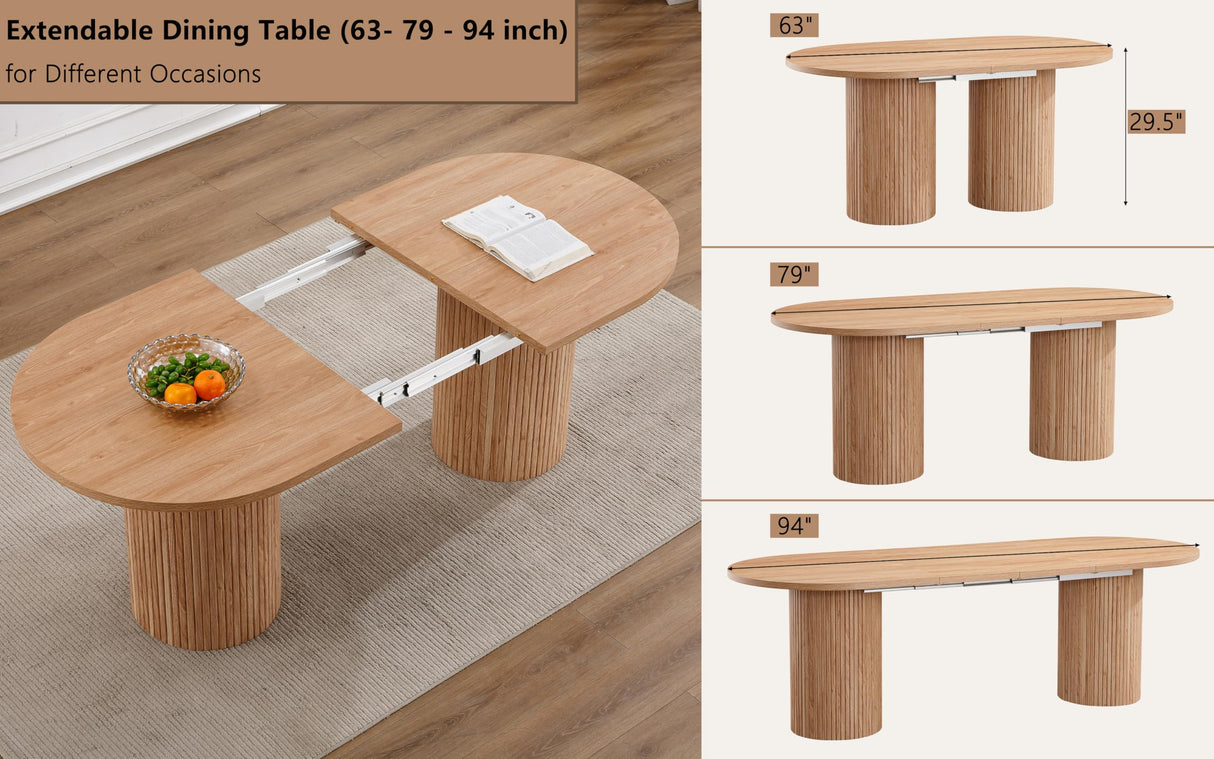 63"-94" Large Extendable Dining Room Table Set for 10, 11-Piece Oval Dining Table Set with 10 Beige Upholstered Chairs, Space Saving Farmhouse Expandable Kitchen Table Set with Fluted Wood Base Pvillez