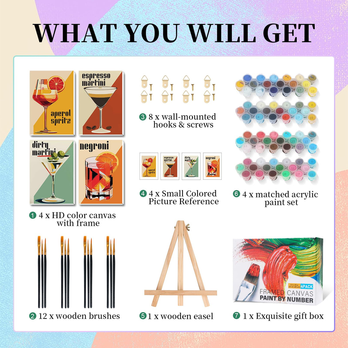 4 Pack Framed Paint by Numbers Kit for Adults with Wooden Easel, Cocktail Paint by Numbers with Frame for Beginner, Retro Cocktail Adult Paints by Number Kits on Canvas Framed for Wall Decor 8 x 12 In Camocin