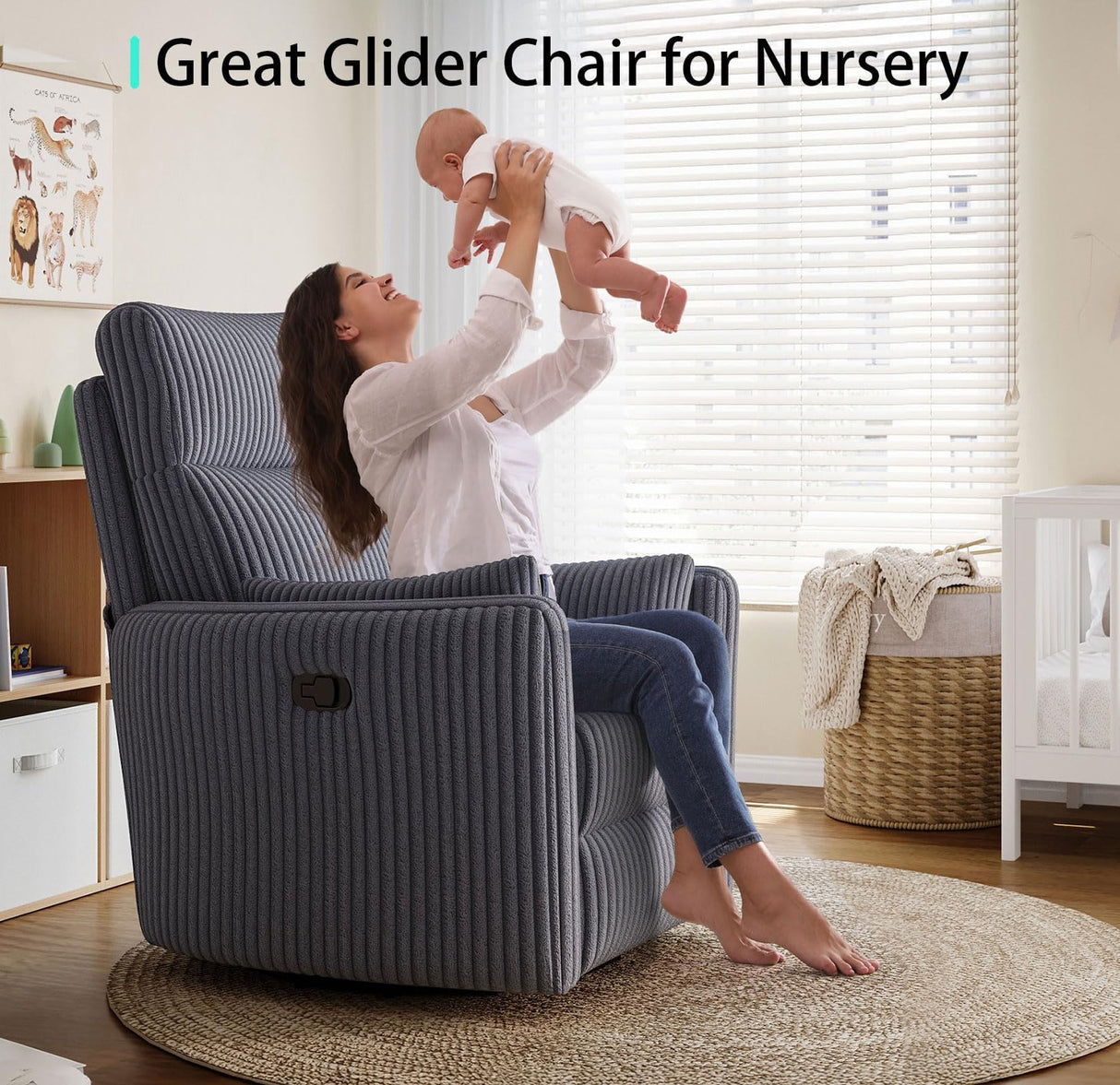 LINSY 360 Swivel Nursery Recliner - Corduroy Glider Rocking Chair with 2 Pillows, Comfy High Back Adult Recliner for Small Spaces, Nursery Bedroom Living Room Reclining Chairs, Grey LINSY