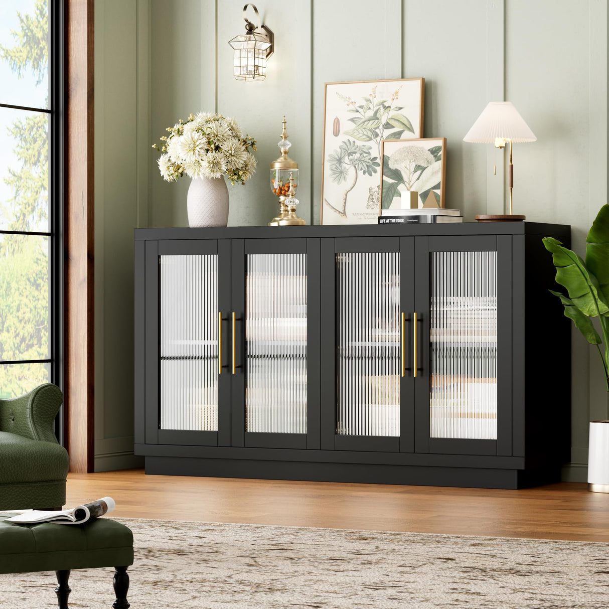 FOTOSOK Buffet Cabinet with Storage, 55.1" Large Sideboard Buffet Cabinet, Modern Sideboard Kitchen Cabinet with 4 Fluted Glass Doors, Wood Coffee Bar Cabinet Buffet Table for Kitchen, Black FOTOSOK