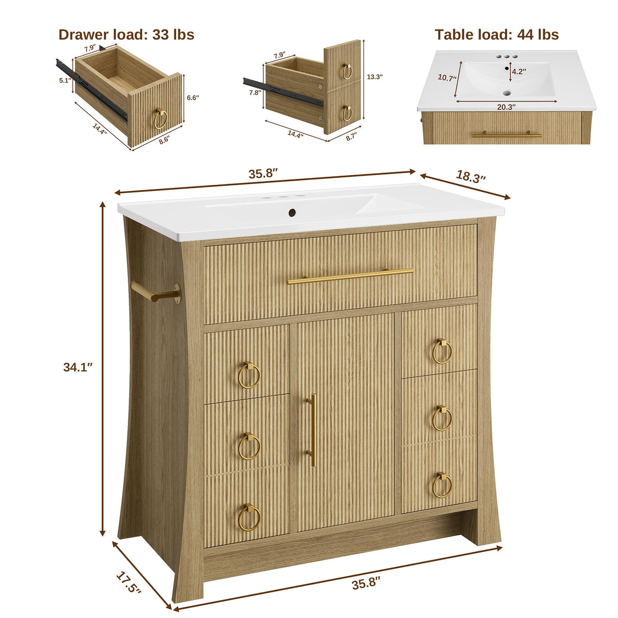 IRONCK 36" Bathroom Vanity with Sink, Freestanding Bathroom Sink Cabinet with 4 Drawers & 1 Flip-Down Drawer, Wood Grain Texture, Metal Handle, Farmhouse IRONCK