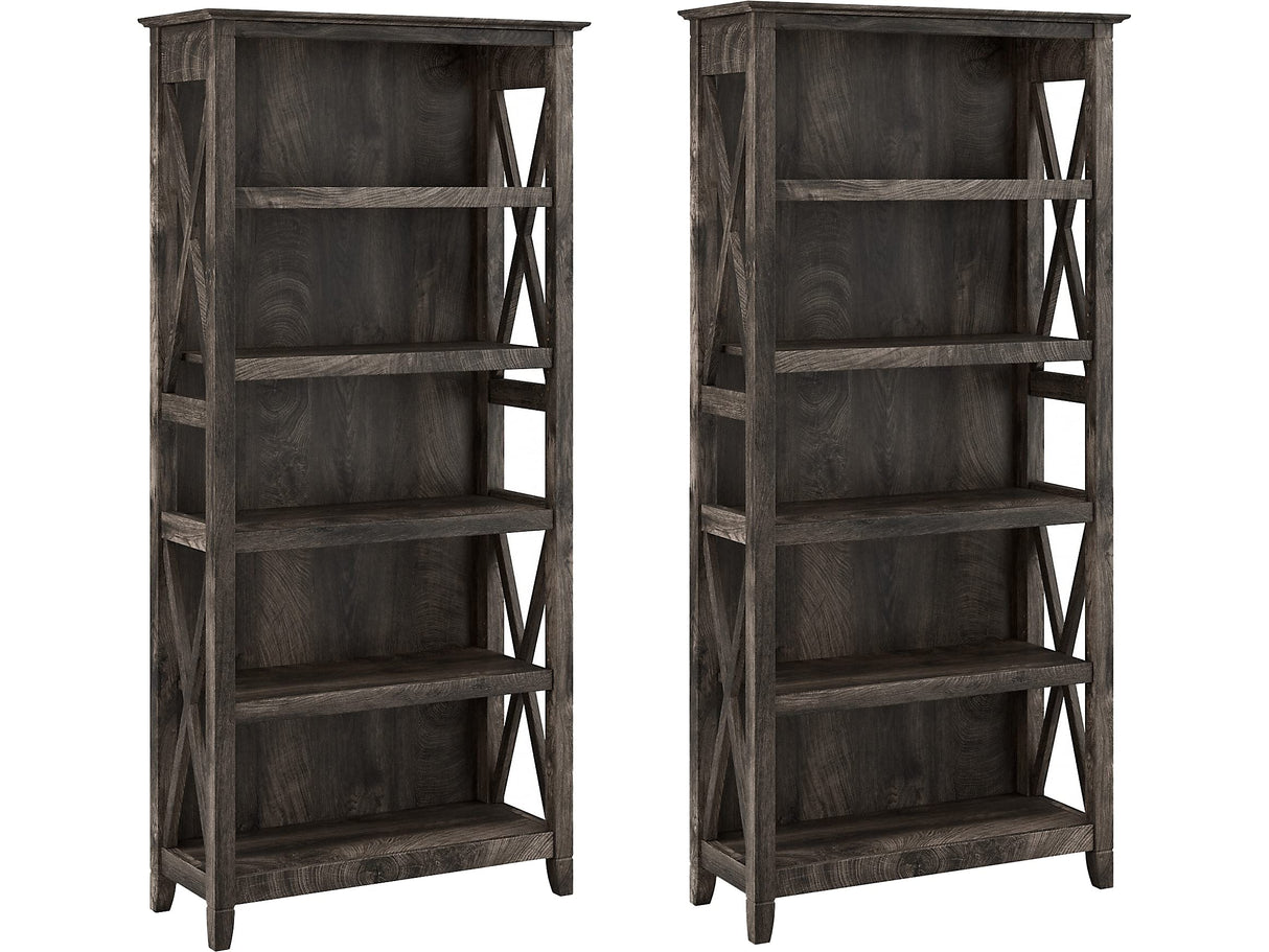 Bush Business Furniture Key West Tall 5 Shelf Bookcase Set in Dark Gray Hickory - Stylish Storage Solution for Any Space Bush Business Furniture